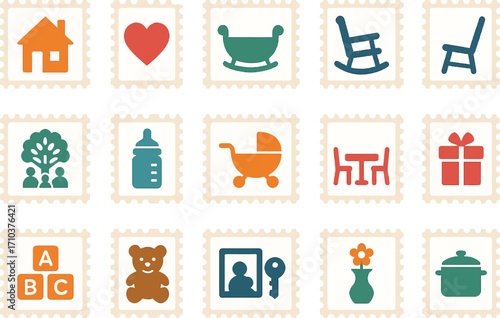 Parent & Child Symbols Postage Stamps Icon Set – Flat Solid Color Vector Illustrations