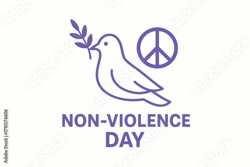 Flat solid color vector illustration for International Day of Non-Violence featuring a dove with olive branch and peace sign icon.