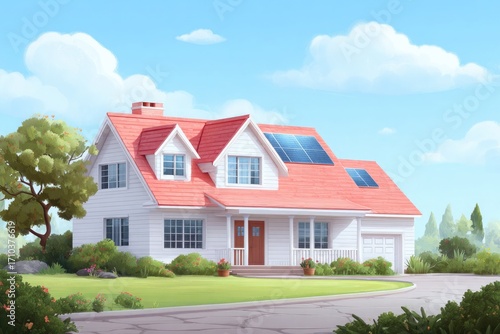 Wallpaper Mural White Suburban House with Red Roof and Solar Panels Torontodigital.ca