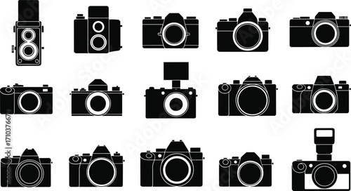 Black silhouette camera icons, vintage twin-lens, DSLR, mirrorless, photography equipment illustration set, retro cameras, digital design, photo technology