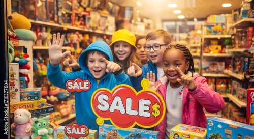 Diverse group of kids in toy store showing excitement for sale. Children shopping for discounted toys. Retail marketing concept for children's products and holiday promotions