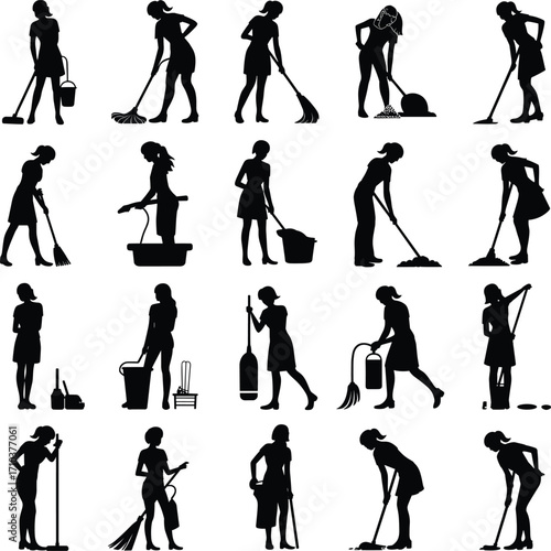 Black silhouette cleaning people, housekeeping tasks, domestic chores, janitor work, sweeping, mopping, vacuuming, scrubbing, hygiene, sanitation, home service illustration