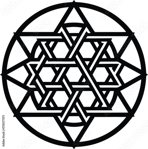 A 3D geometric Celtic cross with a black and white star of David symbol, a religious decoration and vector design