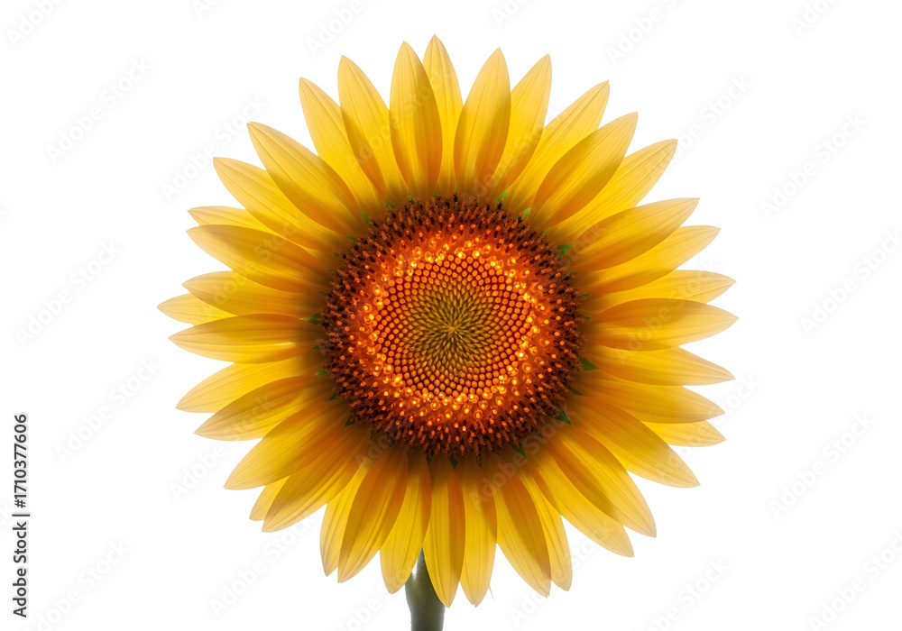 Fototapeta premium Radiant sunflower head, vibrant yellow petals, and intricate center against a deep black background.