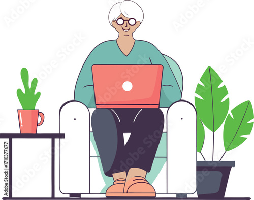 Senior Man with Laptop Vector | Cartoon Old Person Using Computer | Flat Design Elderly Character | Home Office Work Illustration