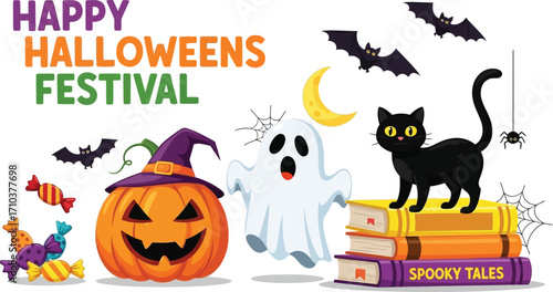 Celebrate Halloween with black cat and spooky ghost friend