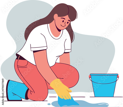 Cleaning Vector | Cartoon Woman with Gloves and Bucket | Flat Design Housekeeping Illustration | Maid Character Home Service Graphic