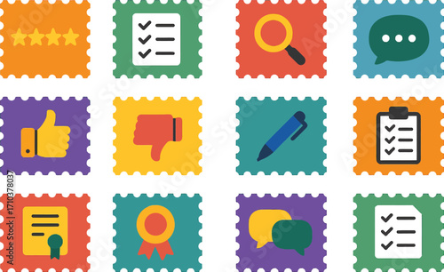 A 16-set collection of flat, solid color icons representing review postage stamps. Each icon framed with a smooth stamp border.