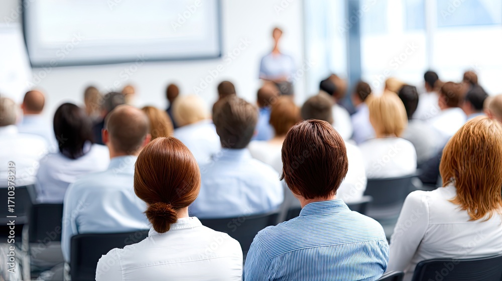 custom made wallpaper toronto digitalA group of business professionals attentively listening to a speaker in a conference room.