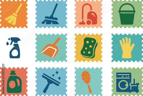 A 16-set collection of flat, solid color icons representing house cleaning postage stamps. Each icon framed with a smooth stamp border