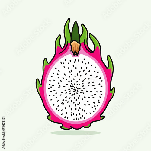 Exotic Dragon Fruit Slice Illustration with Vibrant Pink and Green Accents on a Light Background
