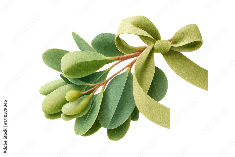 Obraz premium Greenery arrangement with bow tie adorned lush leaves and berries, cut out
