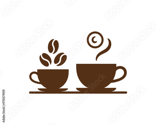 Minimalist Coffee Art: Two Cups - One with Beans, One Steaming - Brown Icon on White, Inviting and Simple Graphic