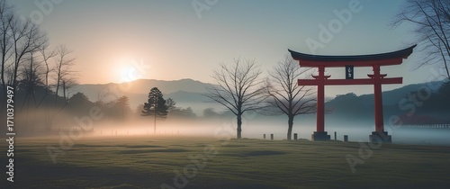A serene early morning scene featuring a traditional Japanese Torii gate
