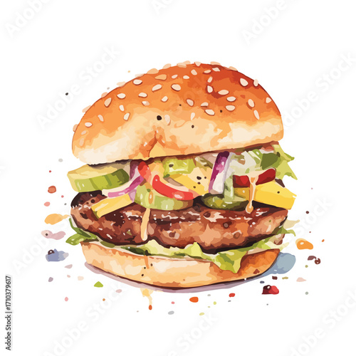 Juicy Sesame Burger with Vibrant Veggie Medley and Drizzled Sauce