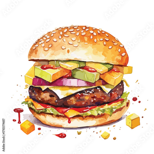 Juicy Watercolor Burger with Avocado Onion and Sesame Bun