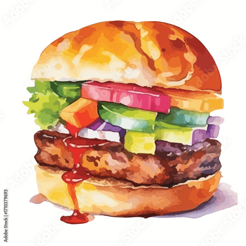 Juicy Watercolor Burger with Dripping Sauce and Vibrant Vegetables
