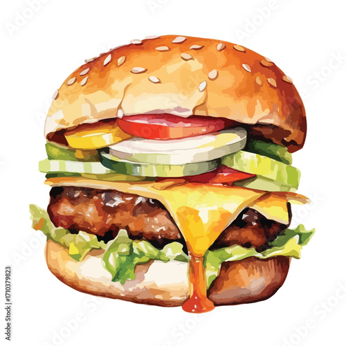 Juicy Watercolor Cheeseburger with Melted Cheese and Sesame Bun