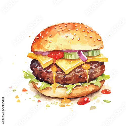 Juicy Watercolor Cheeseburger with Sesame Bun and Dripping Sauce