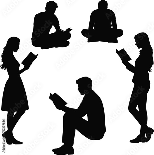 Black silhouette people reading books, sitting and standing, leisure, education, literature, lifestyle illustration set, knowledge, study, relaxation design