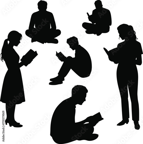 Black silhouette people reading books, sitting and standing, leisure, education, literature, lifestyle illustration set, knowledge, study, relaxation design