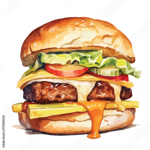 Melted Cheese Gourmet Burger Watercolor Painting