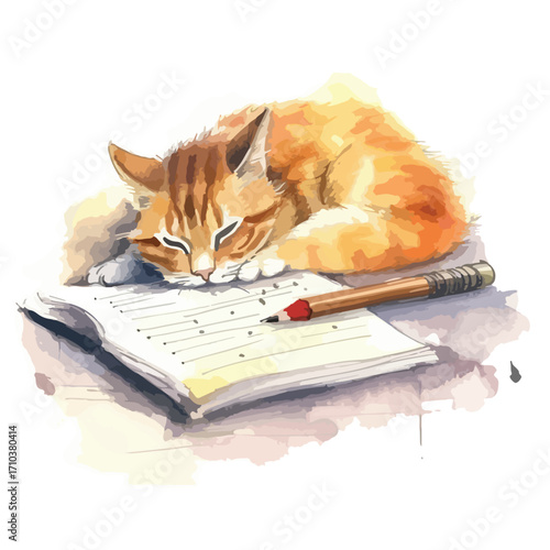 Ginger Kitten Napping on Music Notebook with Pencil