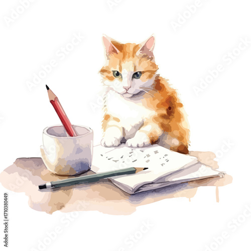 Ginger Kitten Studying with Pencils and Notebook