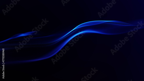 Futuristic glowing abstract blue neon wave made of digital particles on dark sci-fi background.