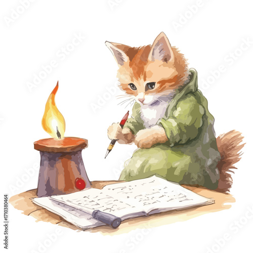 Ginger kitten in green robe writing with quill by candlelight