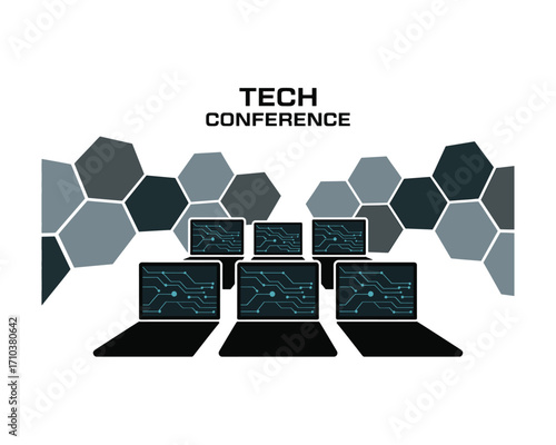 Tech Conference Invitation: Laptops Displaying Circuit Boards with Geometric Design, Perfect for Technology Summit Announcements and Digital Innovation Seminars, Events and Workshops