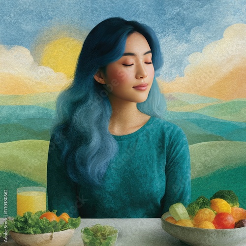 Wallpaper Mural Woman with Blue Hair Meditating by Healthy Food and Landscape Torontodigital.ca