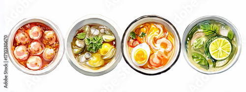 Vector illustration, set of Thai Tom Yum, watercolor painting, banner.