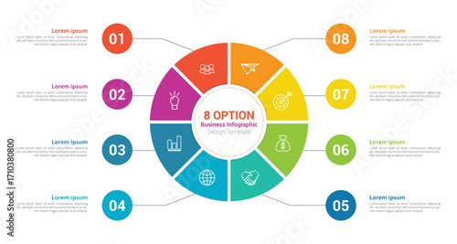 Infographic circular template with 8 options, parts. 8-step cycle diagram for business, presentations infographics, process chart, vector banner for presentation, report, brochure, web, data visualiza