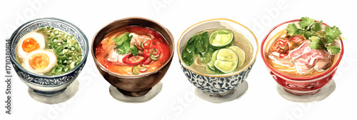 Vector illustration, set of Thai Tom Yum, watercolor painting, banner.