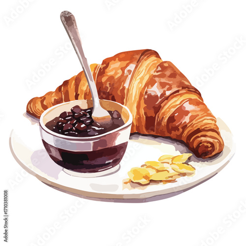 Golden Croissant with Dark Cherry Jam and Almond Slices on a Plate