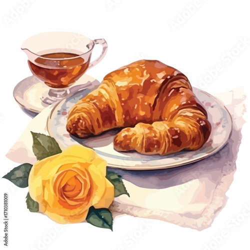 Golden Croissant and Amber Tea with Yellow Rose Still Life Illustration
