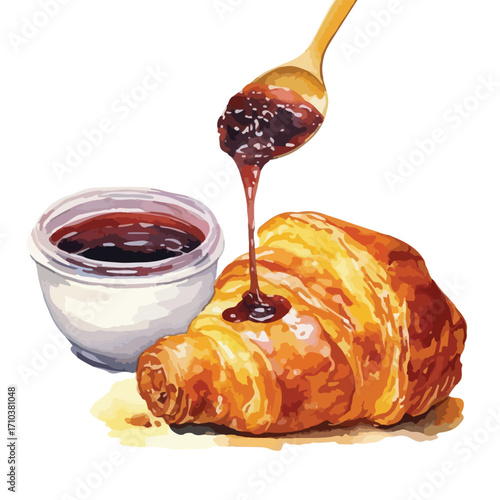 Golden Croissant with Dripping Jam and a Full Jam Container Watercolor Style