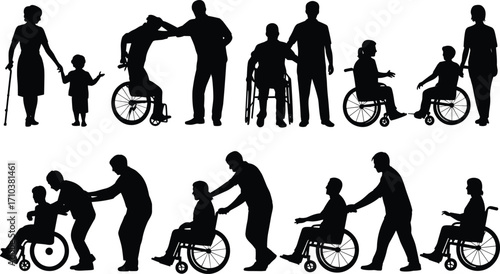Black silhouette people with wheelchairs and canes, caregiving, assistance, accessibility, inclusive design, disability awareness, family support, human connection illustration