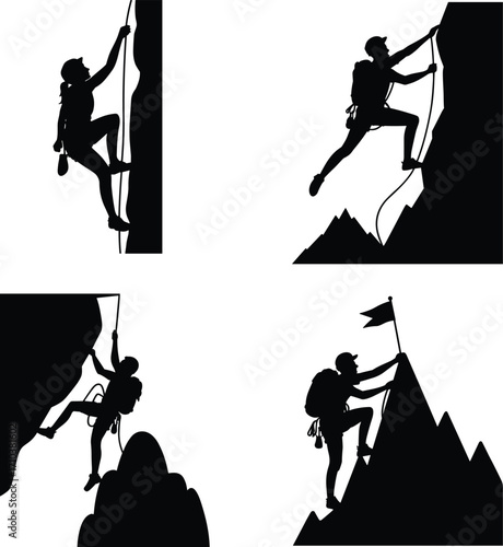 Black silhouette rock climbers, mountain climbing, adventure sport, hiking, summit achievement, outdoor activity illustration set, extreme fitness, exploration design