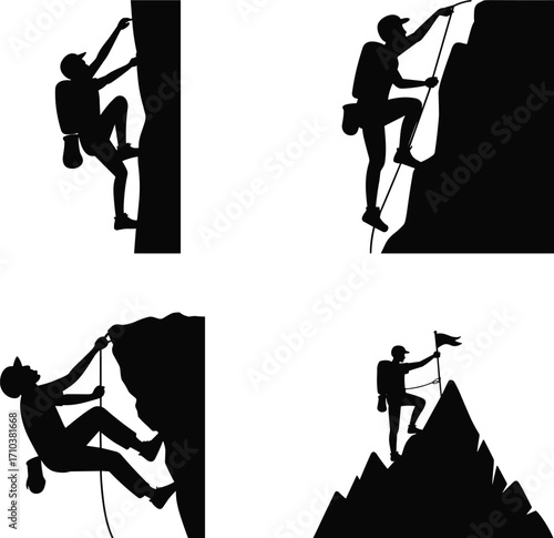 Black silhouette rock climbers, mountain climbing, adventure sport, hiking, summit achievement, outdoor activity illustration set, extreme fitness, exploration design