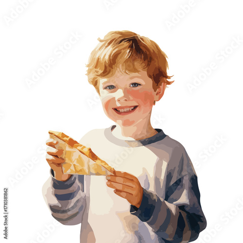 Joyful Young Boy with Golden Hair Eats a Toasted Sandwich