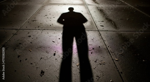 Mysterious shadow of man on dark concrete floor. Eerie silhouette in night light. Creepy criminal or detective concept. Suspense thriller scene with copy space