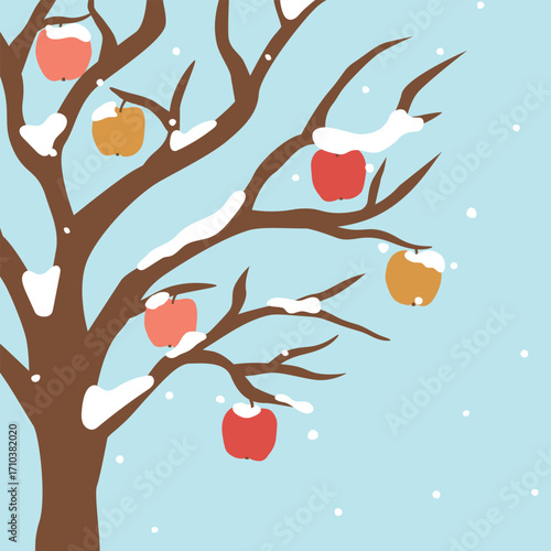winter scenery, bare tree with apples covered with snow- vector illustration