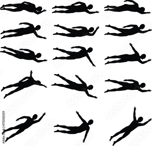 Black silhouette swimmers, freestyle stroke, swimming motion sequence, athletic training, sports illustration set, fitness, exercise, water activity, dynamic design