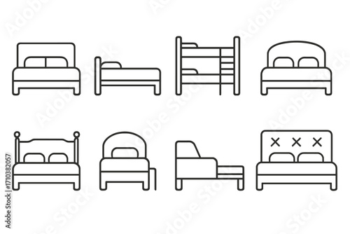 Bed line icon set. Collection of different beds: double, single, bunk bed, couch. Minimalist furniture symbols for bedroom, sleep, rest, hotel, motel. Isolated vector outline icons.