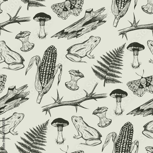 Southern gothic seamless pattern with hand drawn frog, mushroom, moth. Vintage witchcraft illustration with occult elements. 
