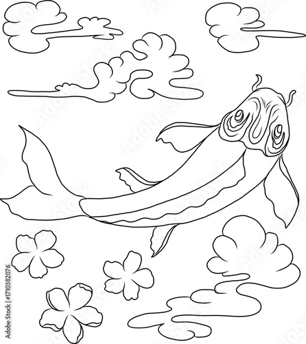 vector illustration of Japanese koi fish tattoo style drawing. Japanese background. tattoo koi fish design. hand drawn outline koi fish and Chinese doodle art. Peony, Cherry blossom and lotus vector.