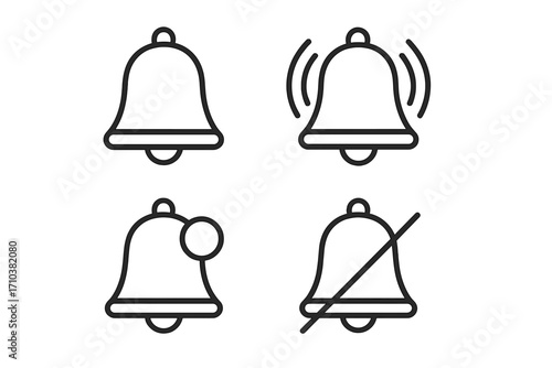 Notification bell icon set. Line icons for alert, reminder, and alarm. Ringing, new message, and subscribe concepts. Muted, silent mode, and disabled notification symbols.