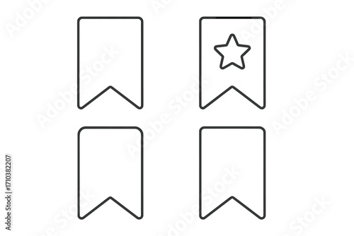 Bookmark outline icon set. Save for later symbol collection. Vector line art of favorite tag with star. Reading marker and web UI UX element for app interface design.
